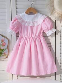 SHEIN Genkimix Kids 女童粉色條紋刺繡蕾絲飾邊彼得潘領短袖A字洋裝 返校季夏季秋季 - 粉色 - 查看 2
