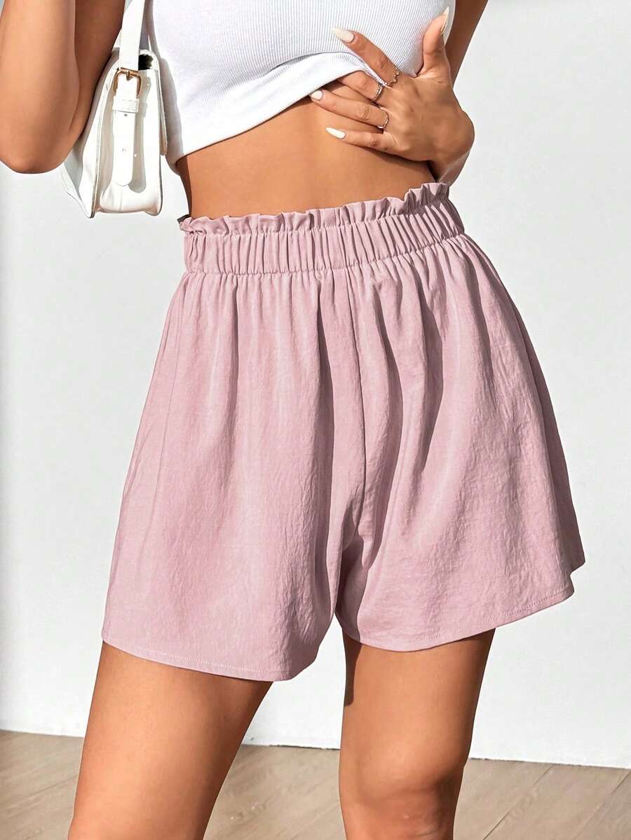 Flirla Celana Pendek Wanita Kasual Sederhana Warna Polos dengan Hiasan Ruffle di Pinggang, Cocok untuk Liburan Musim Panas Warna Merah Muda Pucat - Baby Pink - View 1
