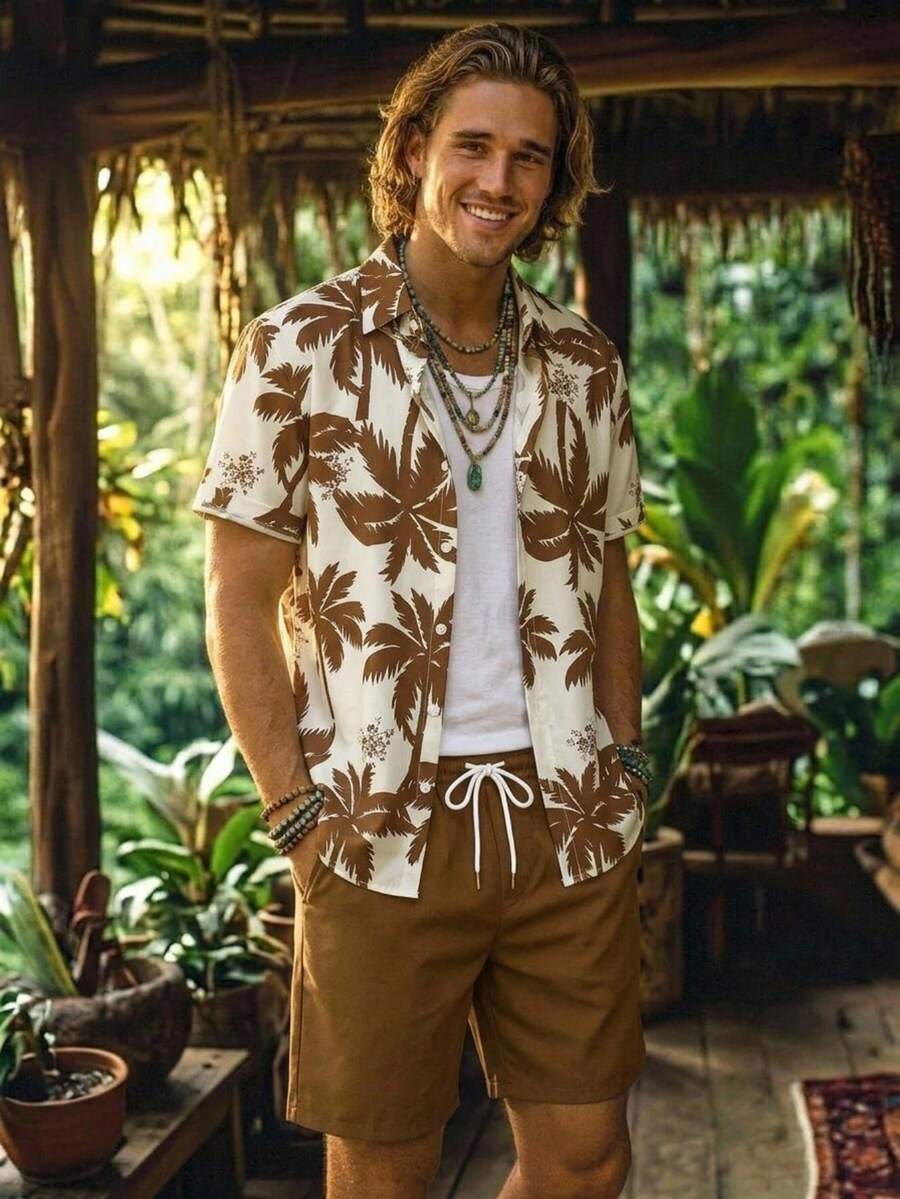 Alderstead Plant Print Button Front Short Sleeve Shirt And Drawstring Waist Shorts Set Men 2 Piece Set Tropical Men Hawaii Outfit - Multicolor - View 1