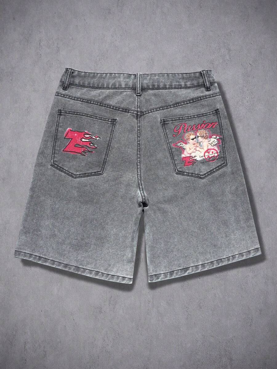 Manfinity Denimwave Pantalones cortos de mezclilla gris lavada con estampado de ángel gótico estilo callejero americano para hombres - Gris - Ver 1