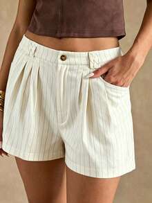 SHEIN Franclia Casual Versatile Commuting Everyday Decor Black And White Striped Vertical Striped Shorts/Wide Leg Pants/Bermuda Pants, Spring/Summer - Beige - View 5
