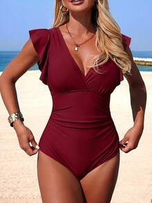 Swim Lushoire Traje de baño de una pieza para mujer con mangas con volantes, cuello en V profundo, cuello superpuesto y fruncido - Burdeos - Ver 4