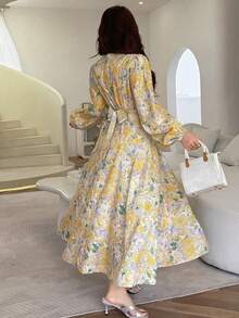 Feyla Rochie elegantă de vacanță pentru femei mărimi mari, cu imprimeu floral, decolteu în V și mânecă lungă - Multicolor - Vizualizare 3