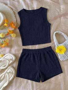 SHEIN Tween Girl Deep Blue Textured Sleeveless Tank Top & Shorts 2-Piece Set, Casual Outfit, Skin-Friendly Wavy Fabric, Round Neck Cropped Top, High-Waist Straight Leg Shorts, Simple Solid Color Commuter Wear, Comfortable Versatile Basic Set, Daily Outing Slouchy Style Essential - Navy Blue - View 5