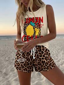 SHEIN LUNE Casual Tropical Women's Round Neck Tank Top And Shorts 2 Pieces Set Suitable For Summer Beach Vacation Beige Brown - Multicolor - View 4