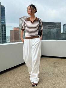 DAZY 條紋POLO領短袖休閒春夏女款針織上衣 - 卡其色 - 查看 3