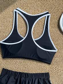 Swim SPRTY Conjunto de traje de baño para mujer 2 en 1 con top deportivo negro de color de contraste con ribete blanco y shorts, primavera/verano - Blanco y Negro - Ver 3