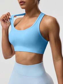 Solea Cove 女款素色無袖短版運動貼身瑜伽賽車背心上衣 - 藍色 - 查看 7