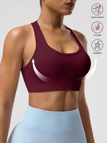 Seamluxe SHEIN Sport Women's Solid Color Sleeveless Cropped Athletic Fitted Yoga Racerback Tank Top - Burgundy - View 1
