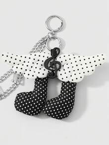 ROMWE Anime 1 Korean Simple Black And White Polka Dot Wing Sound Symbol Silver Note Handmade Chain DIY Keychain Bag Pendant, Women's Daily Wear Holiday Gifts - Black and White - View 7