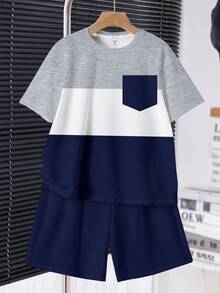 Teen Boy Casual Simple Short Sleeve Crew Neck T-Shirt And Shorts Set Suitable For Summer Graduation Dress Vacation Squishy Matching Set Two Piece Set - Multicolor - View 5