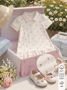 1pc Baby Kid Kids Girl A Cute Chic Pink Art Dot Polo Neck Hem Squishy Dress Dresses Top Tops Set Sets Shirt Shorts Skirt Wear US UK Sun Up Hot Summer - White - View 1