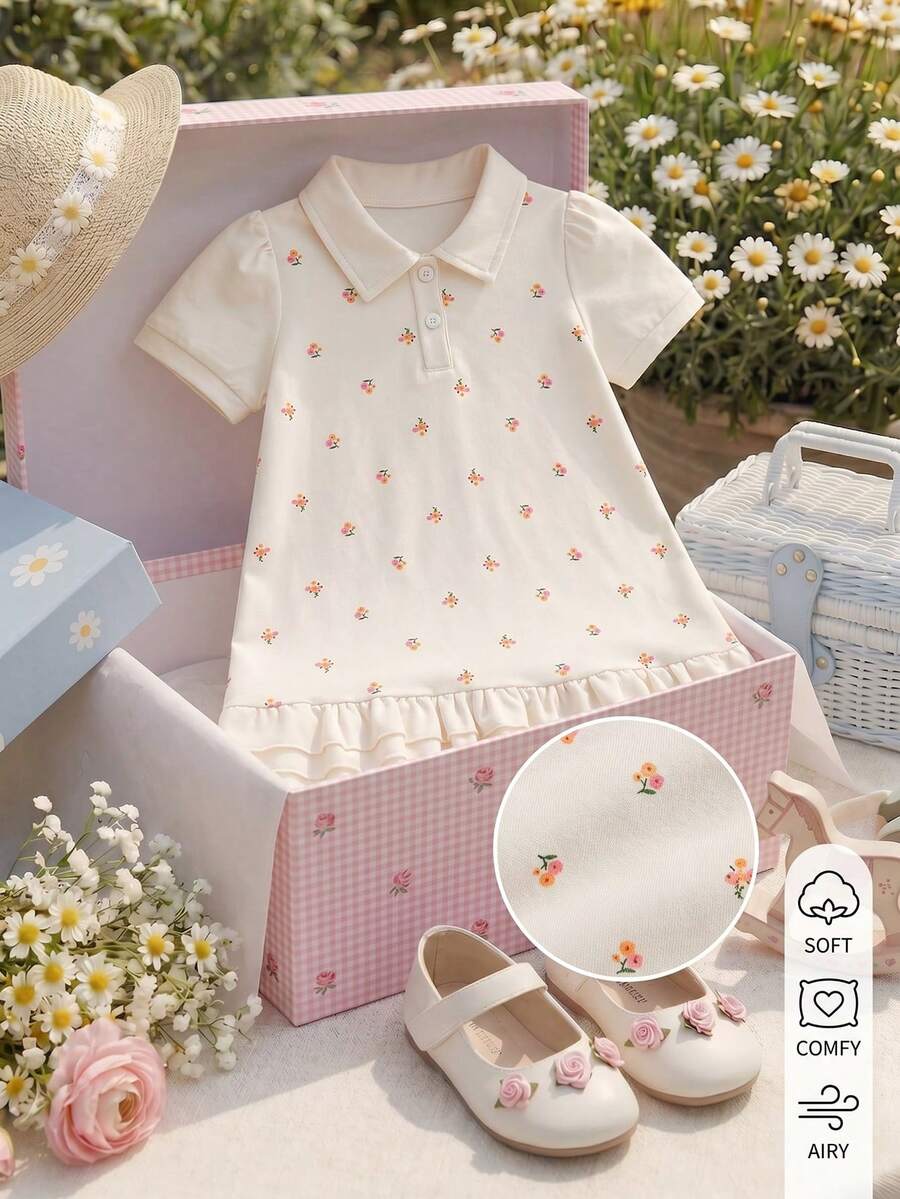 1pc Baby Kid Kids Girl A Cute Chic Pink Art Dot Polo Neck Hem Squishy Dress Dresses Top Tops Set Sets Shirt Shorts Skirt Wear US UK Sun Up Hot Summer - White - View 1