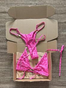 SHEIN Swim 2026春夏女款粉色豹紋細肩帶掛脖綁側高衩綁繩丁字褲比基尼泳衣兩件套，甜美度假風，適合海邊拍照 - 粉色 - 查看 2