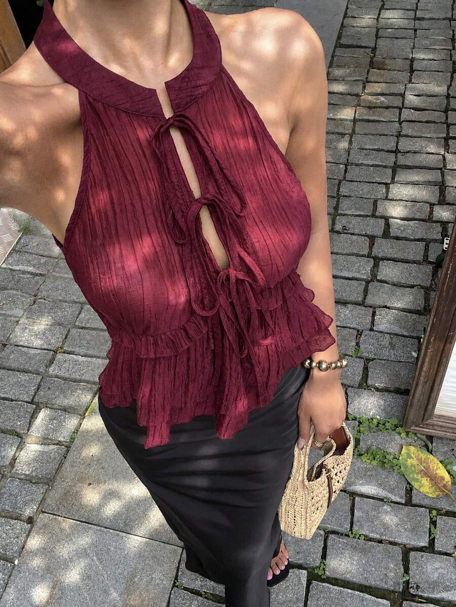 Sunnyshic Chinese Style Pattern Lace-Up Sleeveless Tank Top For Women - Burgundy - View 1