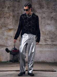 Skyrend Men's PU Leather Pocket Loose Fit Wide Leg Pants Silver Pants Flare Pants Metallic Pants Reflective Pants Rave Pantsemo Grunge - Silver - View 3