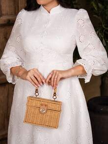The Leen Edit Women's French Stand Collar Puff Sleeve Dress With Drape Design Fall Cloth For Women Elegant White - White - View 4