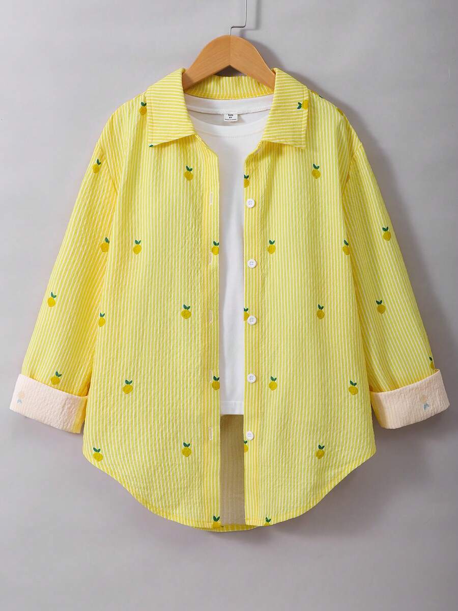 SHEIN 青少年女孩黃色條紋鳳梨刺繡長袖襯衫,甜美夏季日常款,適合上學、日常休閒、度假、購物,春夏季穿著 - 黃色 - 查看 1