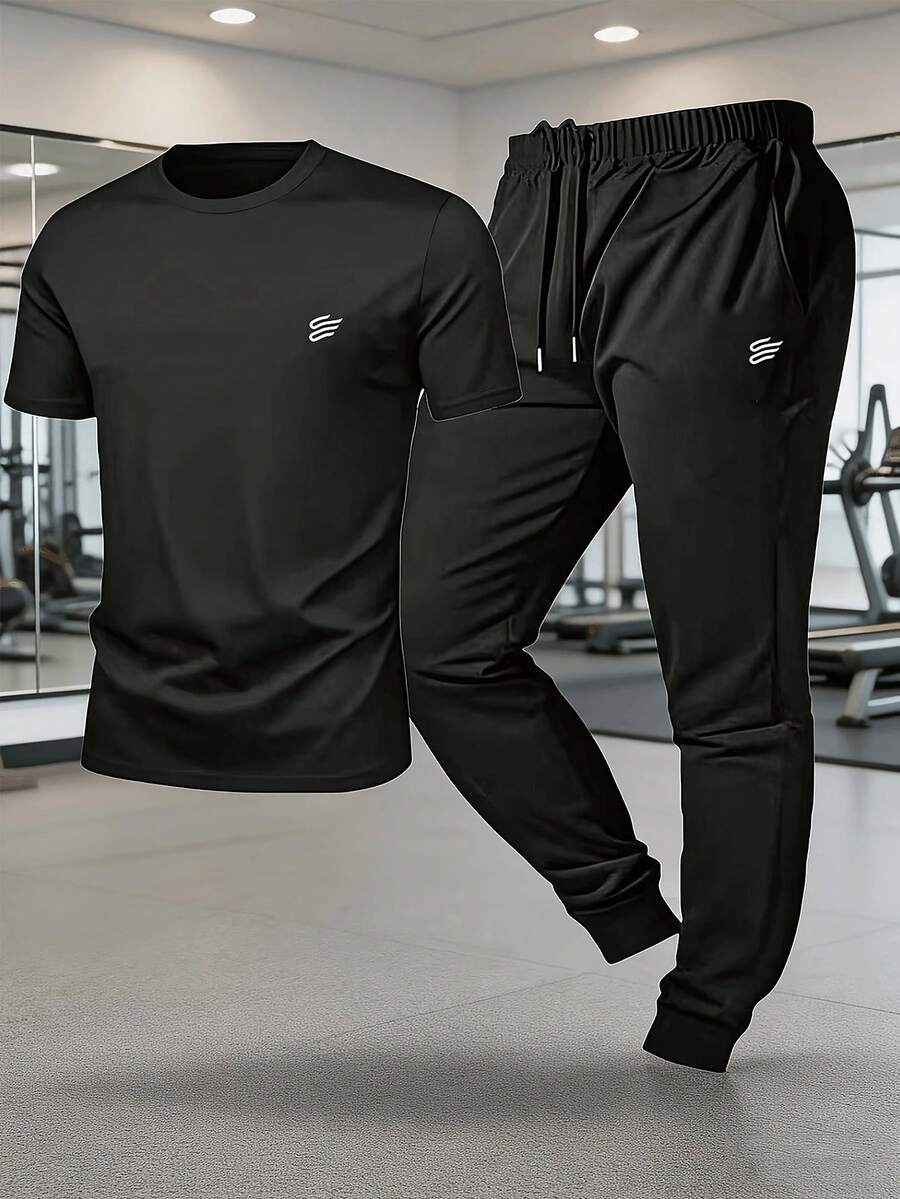 Gym Rark Men's Printed Short Sleeve T-Shirt And Drawstring Waist Long Pants Sports Set, Gym - Black - View 1