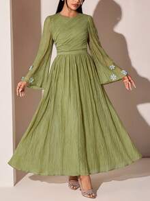 Veilorie Women's Textured 3D Floral Decor Pleated Vacation Dress - Green - View 5