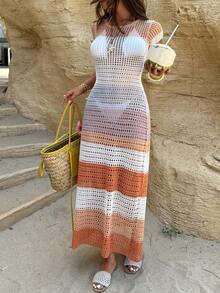 Livesso Women's Vacation Beach Colorblock Patchwork Hollow Knit Cover-Up Dress Summer - Multicolor - View 3
