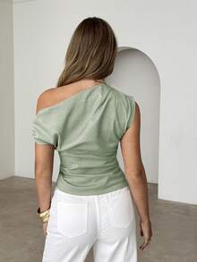 Siren Gaze Women's Solid Color Asymmetric Shoulder Pleated Casual Versatile Daily Outing Top - Mint Green - View 4