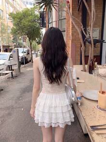 SHEIN MOD Contrast Lace Ruffle Hem Skirt - White - View 4