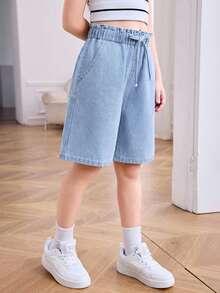 SHEIN Tween Girl Summer Casual Wide Leg Denim Shorts - Light Wash - View 4