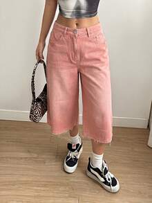 SHEIN EZwear 夏季休閒街頭風水洗寬鬆牛仔短褲 日常白天穿著 柔粉色 周末款 - 米色 - 查看 6