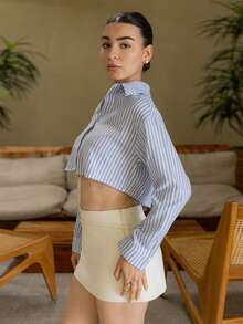 Andrea Bello Women's Loose Striped Long Sleeve Shirt, Cropped,Long Sleeve Tops - Baby Blue - View 6