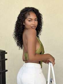 Alexandranx Solid Concert Draped Front Backless Party Halter Top Casual - Green - View 4