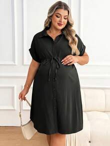 Plussiva 孕妇加大码简约基础款单排扣系带休闲连衣裙 - 黑色 - 查看 11