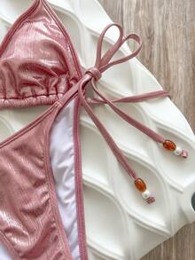 Swim Vcay 2026春夏粉色箔面料細肩帶掛脖橢圓珠飾高衩側開女款比基尼丁字褲泳衣2件套 - 粉色 - 查看 8