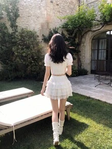 SHEIN MOD Áo blouse dáng ngắn tay phồng viền ren, áo ngắn tay - trắng - Xem 3