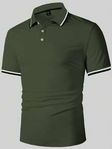 Calvornis 男士夏季休閒拼色飾邊短袖 Polo 衫，儀式場合適用 - 軍綠色 - 查看 4
