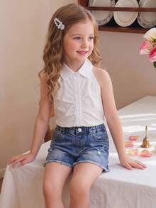 SHEIN Genkimix Kids 女童白色无袖露脐上衣，适合休闲外出、派对和日常穿着。 - 白色 - 查看 2