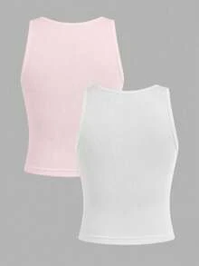 SHEIN Girlism 兒童青少年女孩簡約圓領純色休閒背心內衣2件組 - 彩色 - 查看 2