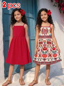 SHEIN Elladie kids 2件組女孩復古碎花印花細肩帶洋裝套裝，優雅2件式A字擺陽光裙，柔軟親膚面料，波西米亞刺繡風圖案，純紅色休閒派對穿搭，適合度假野餐校園旅遊生日日常穿著，百搭輕盈飄逸層次裙，兒童女孩適用 - 紅色 - 查看 7