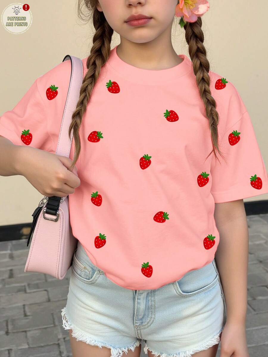 青少年女孩休閒可愛圓點迷你夏季熱帶水果草莓圖案奶油粉短袖圓領T恤,適合夏季圖案、日系可愛、上衣、舒適、夏季 - 彩色 - 查看 1