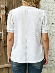 EMERY ROSE Plus Size Women's Vacation Hollow Embroidery Round Neck Short Puff Sleeve T-Shirt Office Evening White Summer Casual Elegant - White - View 2