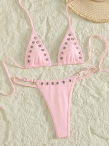 Swim SXY Springbreak 女款夏季鉚釘性感派對音樂節休閒極簡度假海灘鏤空繫帶掛脖比基尼泳衣套裝 2件組，適合度假海灘出遊 - 粉色 - 查看 5