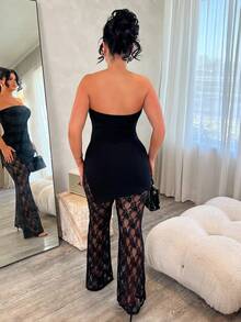 Dayanna Comas 女款性感優雅黑色蕾絲兩件套，包含厚羅紋抹胸上衣與蕾絲喇叭褲，高彈性面料修身顯身材，適合夏季 - 黑色 - 查看 2
