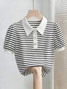 GlowEve CURVE Women White Contrast Collar Elegant Polo Shirt, Half Placket Pearl Button Puff Short Sleeve Slim Rib Top Office Summer - Black and White - View 5