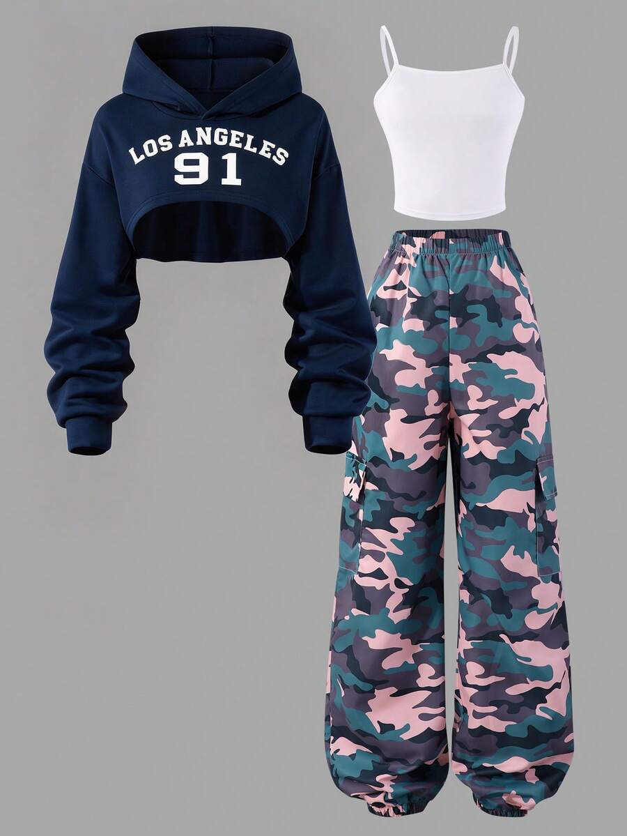 SHEIN 3件組青少年女孩迷彩圖案運動上衣 & 吊帶背心上衣 & 迷彩休閒錐形長褲，適合春季/秋季日常穿著