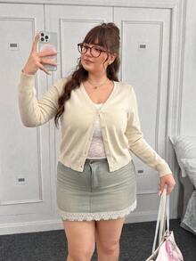 CovetEZ 秋冬性感深V領素色鈕扣大尺碼開襟外套 - 杏色 - 查看 5