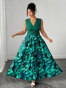 SHEIN LUNE Robe d'été décontractée de vacances, style rétro français élégant, col V, imprimé floral vert, patchwork - Vert - Voir 7