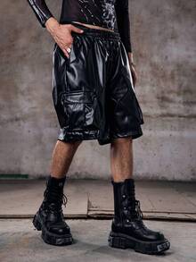 Skyrend Men's Black Faux Leather Cargo Shorts, Streetwear Styleemo Grunge - Black - View 6