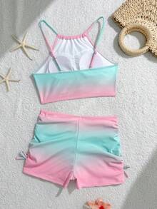 SHEIN Set Baju Renang Anak Perempuan Warna Biru Manis Lucu Polos, Atasan Kamisol dan Bawahan Renang Model Hipster - Berwarna merah muda - View 2