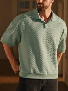 SIGLOCORE Men's Loose Comfortable Casual Vacation Fashion Textured Handsome Versatile Grey Green POLO Shirt - Green - View 4