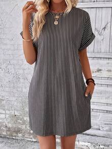 EMERY ROSE Gaun Wanita Lengan Pendek Model Batwing Longgar Kasual Bergaris - MultiWarna - View 5